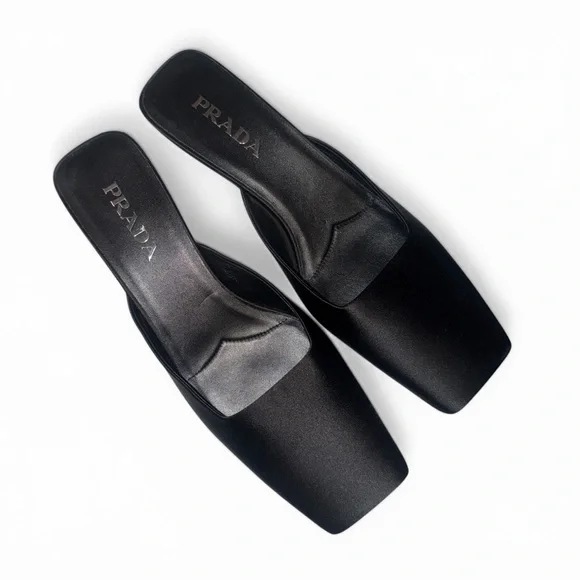 PRADA Satin Triangle Heel Mules Black Square Toe Kitten Heel IT 40 US 10 Slides - Picture 5 of 13
